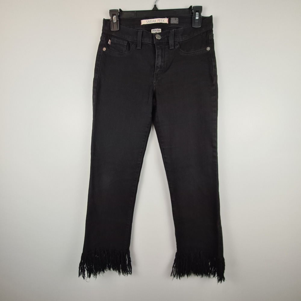 Sneak Peek Mid Rise Straight Ankle Jeans Juniors 7 Raw Fringe‎ Hem Black USA